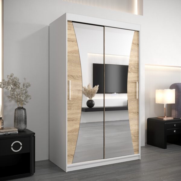 Kledingkast MONACO 120 cm, romp in de kleur wit, fronten in eiken sonoma met spiegel.