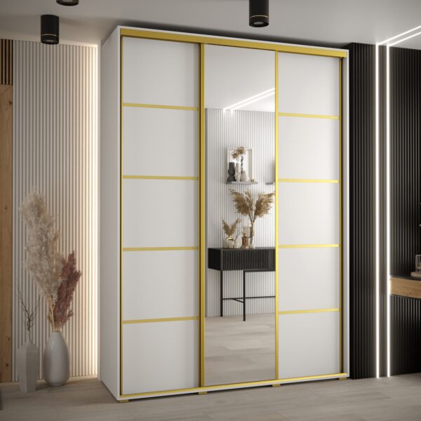 Szafa CANNES 5-180 szerokość 45 cm. Korpus biały , front biały listwa złota i lustro