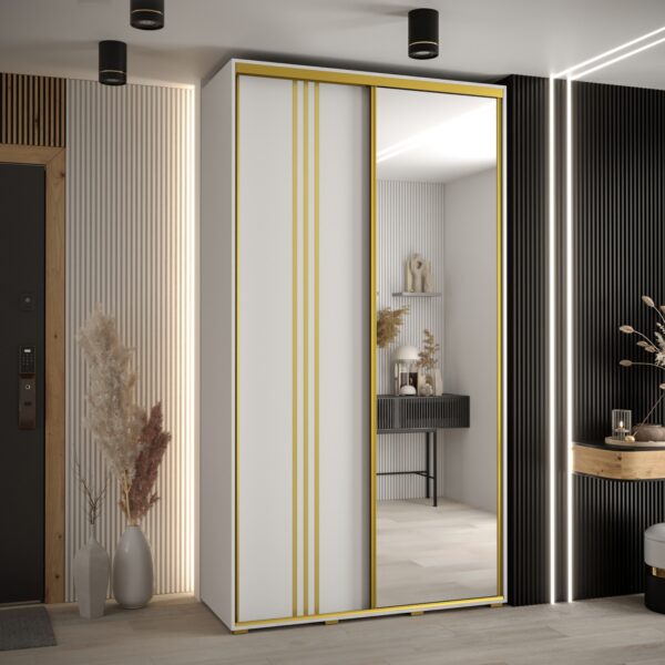 Szafa CANNES 7-140 szerokość 45cm korpus biały Front biały listwa złota i lustro