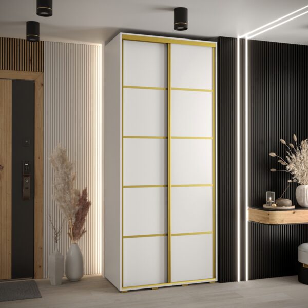 Szafa CANNES 4- 120 szerokość 45 cm. Korpus biały, front biały listwa złota