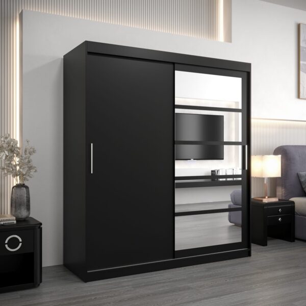 Kledingkast RENO 1 180 cm, romp in de kleur zwart, fronten in zwart met spiegel.