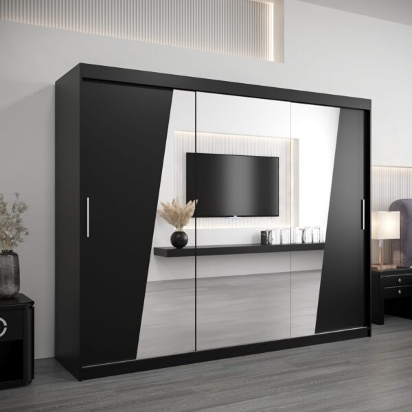 Kledingkast RHOMB 250 cm, romp in de kleur zwart, fronten in zwart met spiegel.