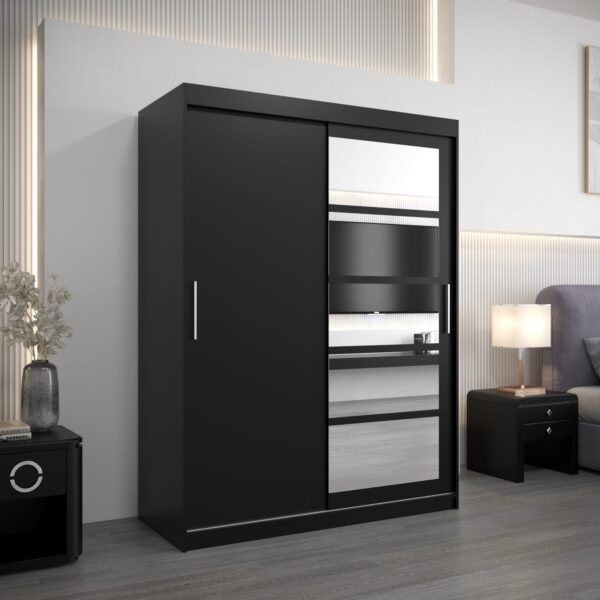 Kledingkast RENO 1 150 cm, romp in de kleur zwart, fronten in zwart met spiegel.