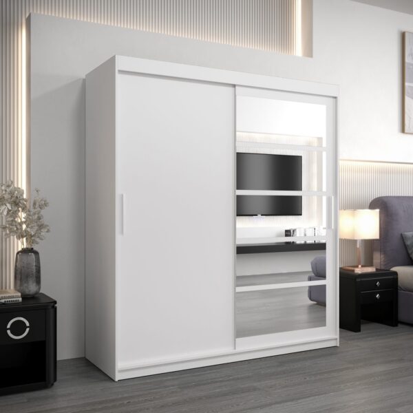 Kledingkast RENO 1 180 cm, romp in de kleur wit, fronten in wit met spiegel.