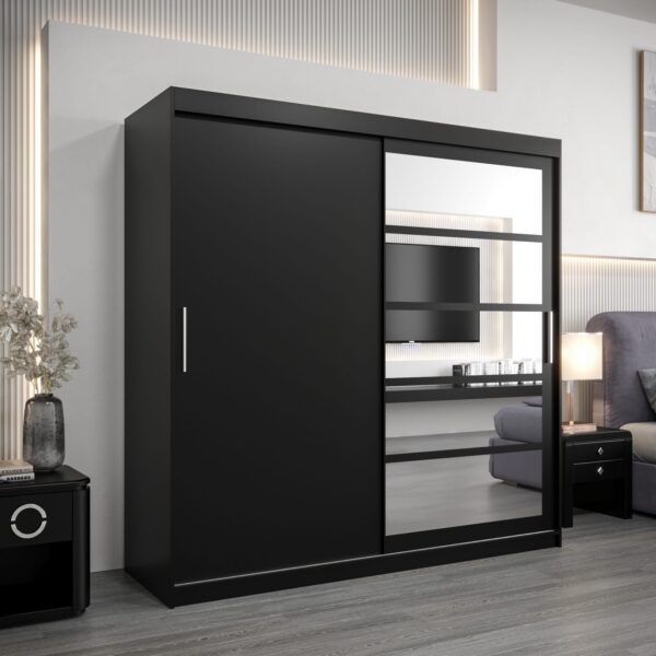 Kledingkast RENO 1 200 cm, romp in de kleur zwart, fronten in zwart met spiegel.