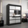 Kledingkast RENO 2 150 cm, romp in de kleur zwart, fronten in zwart met spiegel.