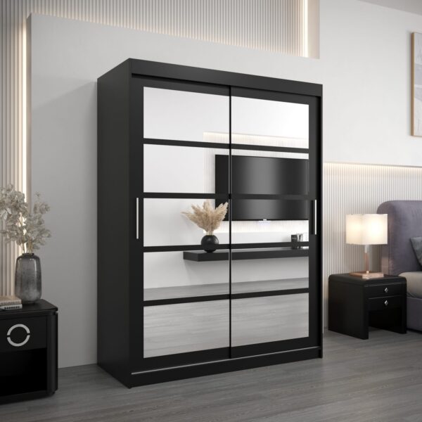Kledingkast RENO 2 150 cm, romp in de kleur zwart, fronten in zwart met spiegel.