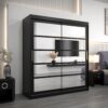Kledingkast RENO 2 180 cm, romp in de kleur zwart, fronten in zwart met spiegel.
