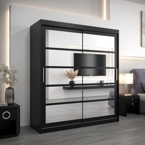 Kledingkast RENO 2 180 cm, romp in de kleur zwart, fronten in zwart met spiegel.