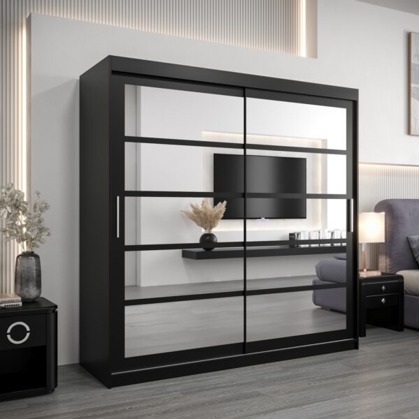 Kledingkast RENO 2 200 cm, romp in de kleur zwart, fronten in zwart met spiegel.