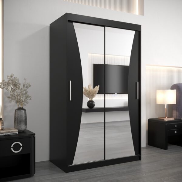 Kledingkast MONACO 150 cm, romp in de kleur zwart, fronten in zwart met spiegel.