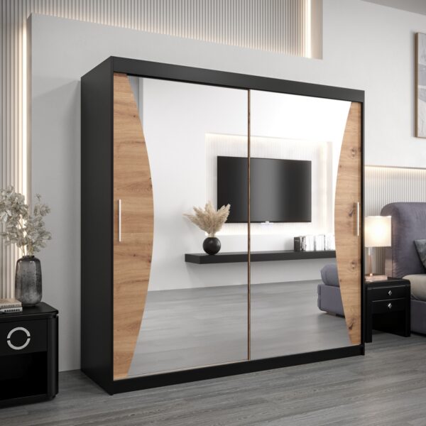Szafa MONACO 200 cm, korpus w kolorze czarnym fronty dąb artisan z lustrem