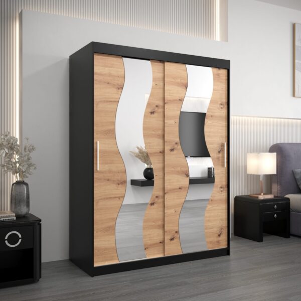Kledingkast SOLANA 150 cm, romp in de kleur zwart, fronten in eiken artisan met spiegel.