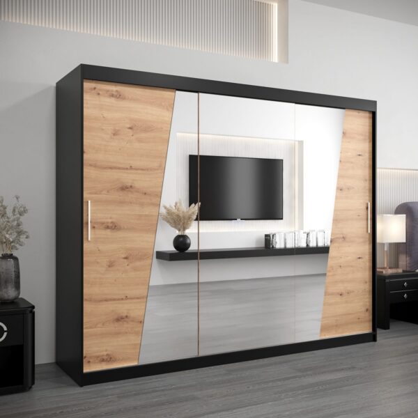 Kledingkast RHOMB 250 cm, romp in de kleur zwart, fronten in eiken artisan met spiegel.