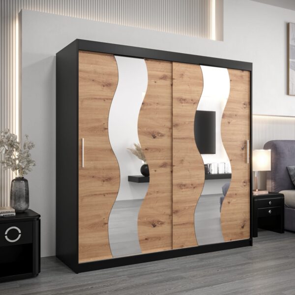 Kledingkast SOLANA 200 cm, romp in de kleur zwart, fronten in eiken artisan met spiegel.