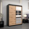 Kledingkast RENO 1 150 cm, romp in de kleur zwart, fronten in eiken artisan met spiegel.