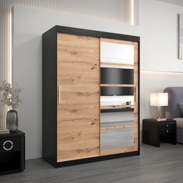 Kledingkast RENO 1 150 cm, romp in de kleur zwart, fronten in eiken artisan met spiegel.