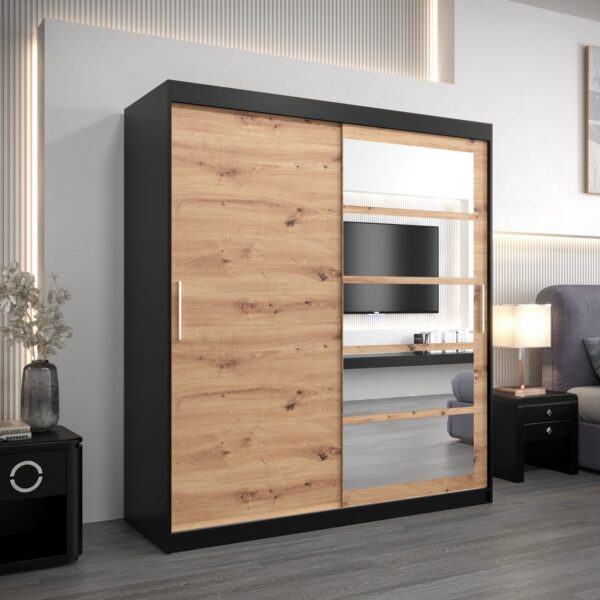 Kledingkast RENO 1 180 cm, romp in de kleur zwart, fronten in eiken artisan met spiegel.
