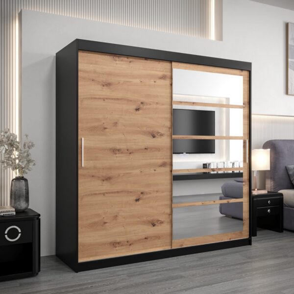 Kledingkast RENO 1 200 cm, romp in de kleur zwart, fronten in eiken artisan met spiegel.