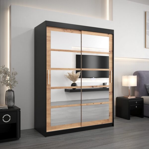 Kledingkast RENO 2 150 cm, romp in de kleur zwart, fronten in eiken artisan met spiegel.