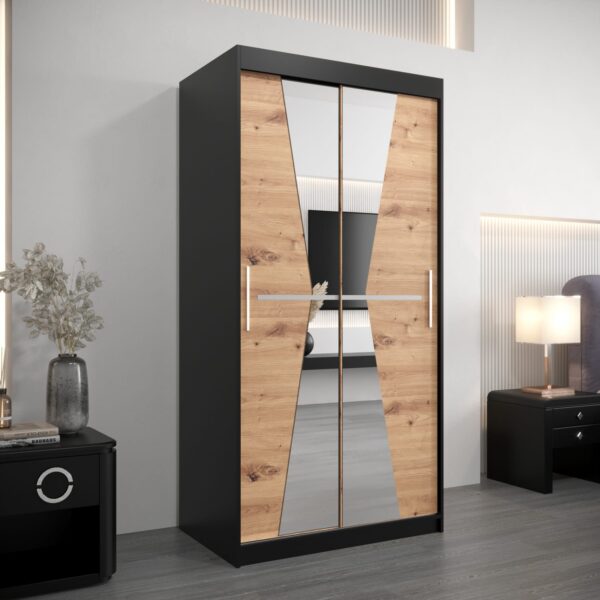 Kast MAROKO 100 met corpus in zwart , front met spiegel in eiken artisan . Kleine, ruime kledingkast.