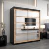 Kledingkast RENO 2 180 cm, romp in de kleur zwart, fronten in eiken artisan met spiegel.