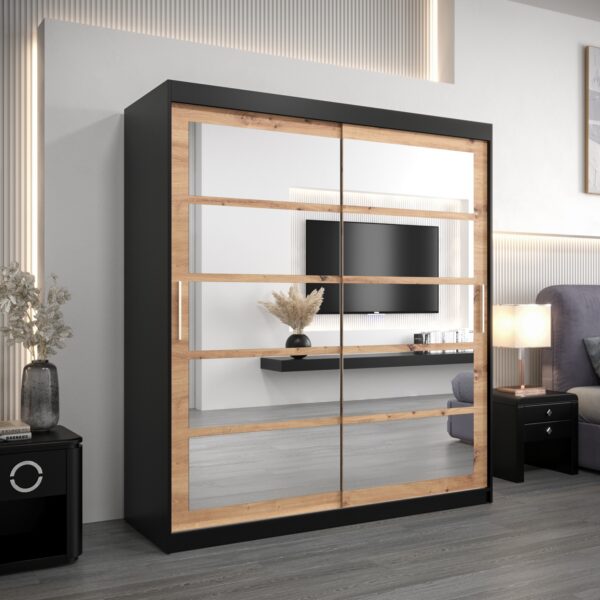 Kledingkast RENO 2 180 cm, romp in de kleur zwart, fronten in eiken artisan met spiegel.