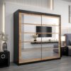Kledingkast RENO 2 200 cm, romp in de kleur zwart, fronten in eiken artisan met spiegel.