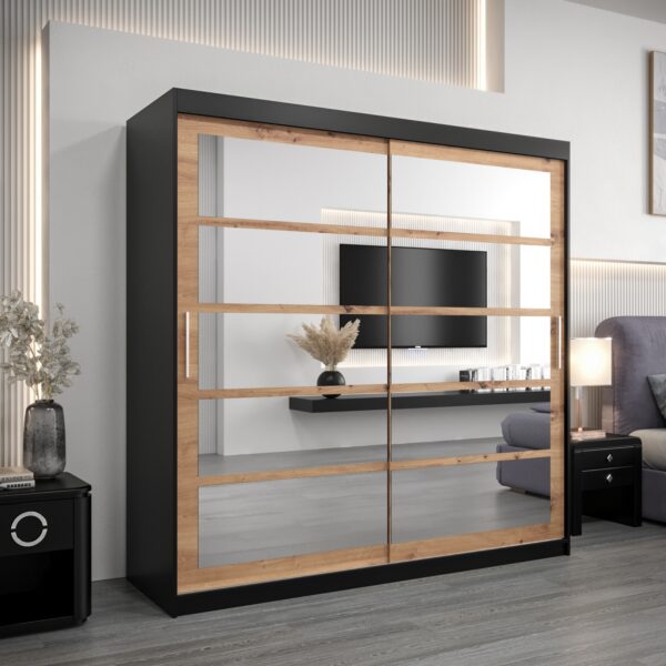 Kledingkast RENO 2 200 cm, romp in de kleur zwart, fronten in eiken artisan met spiegel.