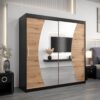 Kledingkast GLASGOW 200, romp in het zwart, fronten eiken artisan met spiegel.