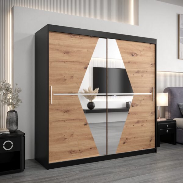 Szafa BOLIWIA 200 cm, korpus czarny front dąb artisan z lustrem
