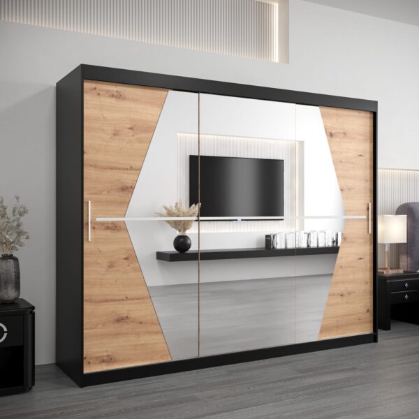 Kledingkast BOLIWIA 250 cm, corpus in de kleur zwart, fronten artisan eiken met spiegel.