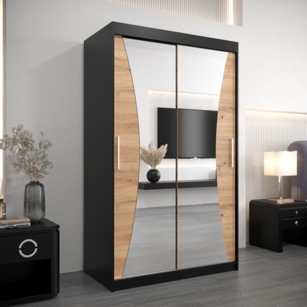 Kledingkast MONACO 120 cm, romp in de kleur zwart, fronten in eiken artisan met spiegel.