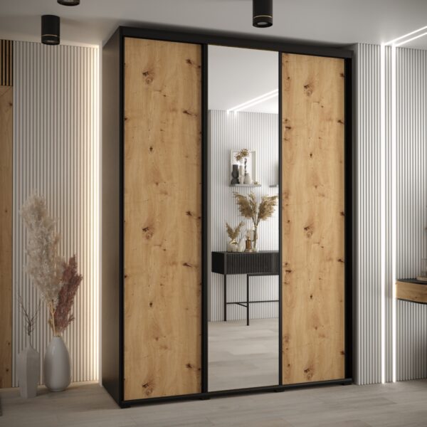 Szafa CANNES 3 -170 45 cm głebokość. Korpus dab artisan, front czarny  ,lustro i czarna listwa