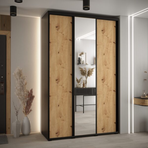 Szafa CANNES 3 -160 45 cm głebokość. Korpus czarny, front białe  ,lustro i złota listwa