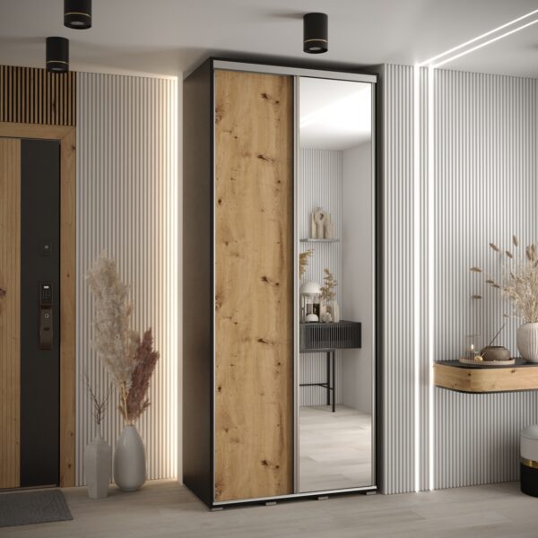 Szafa CANNES 3 -120 45 cm głebokość. Korpus czarny, front dąb artisan ,lustro i srebrna listwa