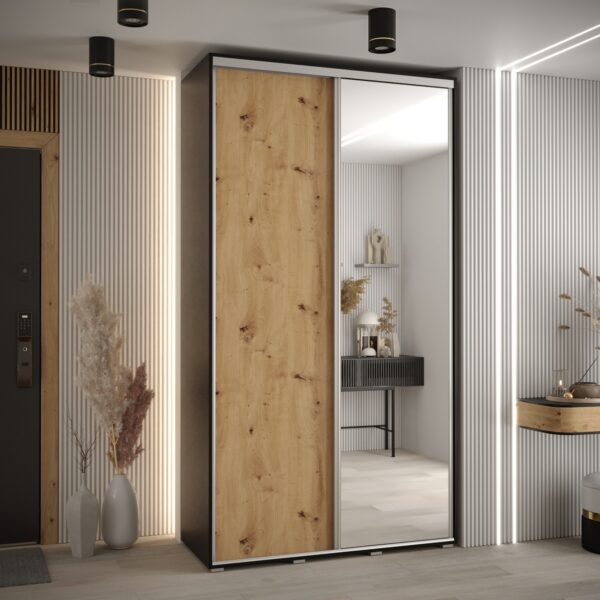 Szafa CANNES 3 -140 45 cm głebokość. Korpus czarny , front dąb artisan  ,lustro i srebrna  listwa