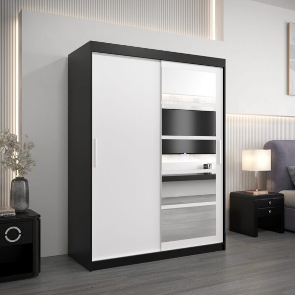 Kledingkast RENO 1 150 cm, romp in de kleur zwart, fronten in wit met spiegel.