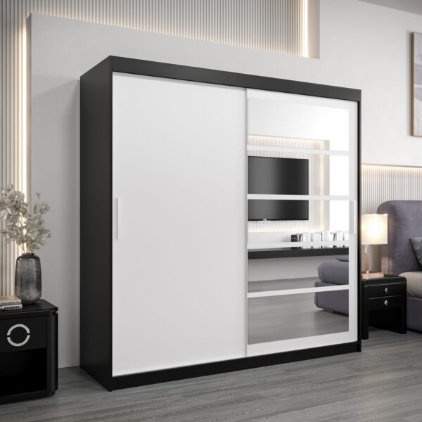 Kledingkast RENO 1 200 cm, romp in de kleur zwart, fronten in wit met spiegel.