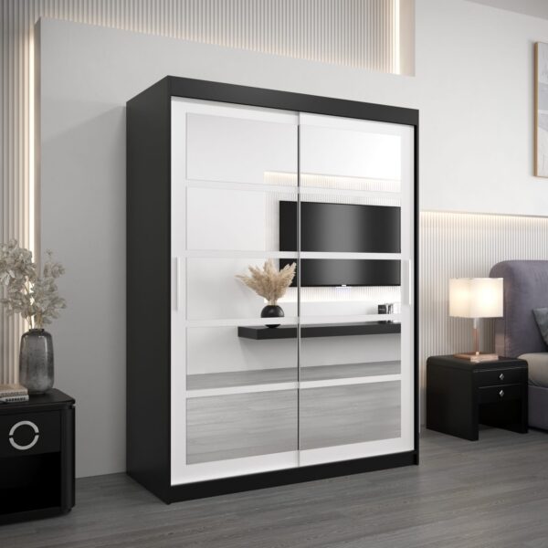 Kledingkast RENO 2 150 cm, romp in de kleur zwart, fronten in wit met spiegel.