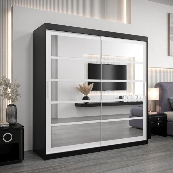 Kledingkast RENO 2 200 cm, romp in de kleur zwart, fronten in wit met spiegel.