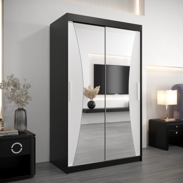 Kledingkast MONACO 120 cm, romp in de kleur zwart, fronten in wit met spiegel.