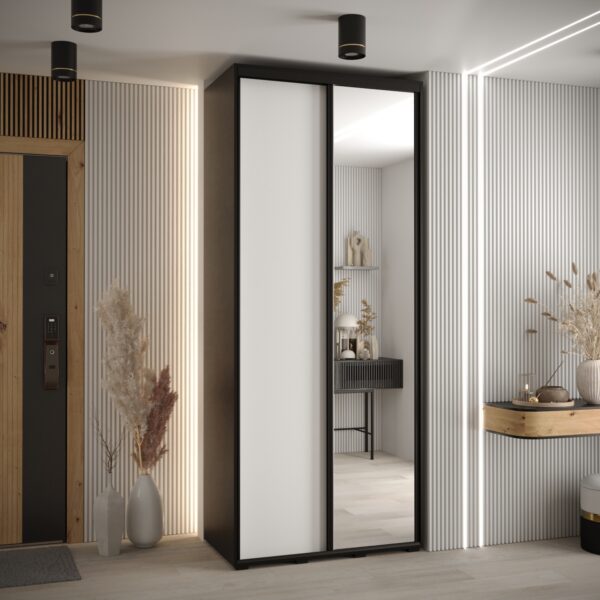 Szafa CANNES 3 -120 45 cm głebokość. Korpus czarny, front biały ,lustro i czarna listwa