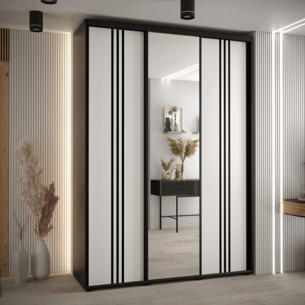 Szafa CANNES 7-180 szerokość 45cm korpus czarny Front biały listwa czarna i lustro