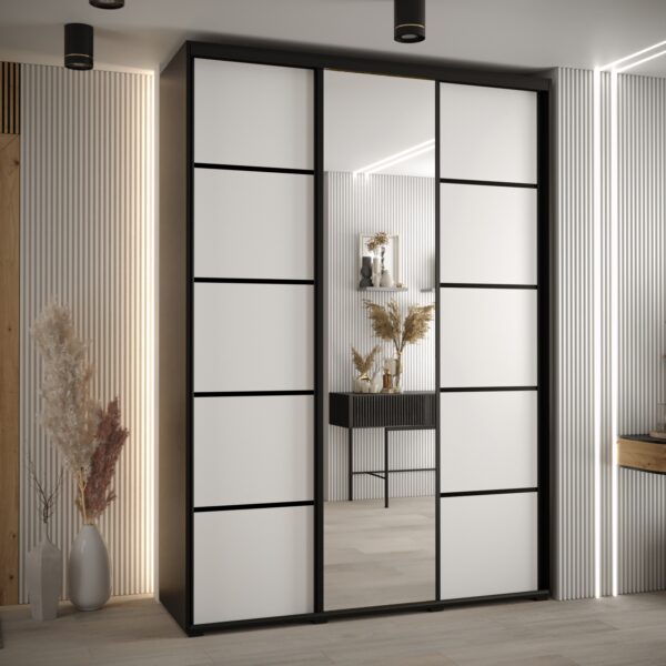 Szafa CANNES 5-180 szerokość 45 cm. Korpus czarny , front biały listwa czarna i lustro