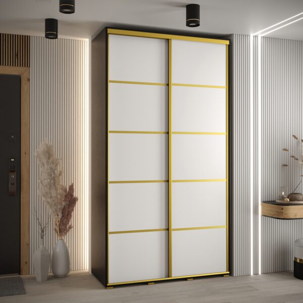 Szafa CANNES 4- 140 szerokość 45 cm. Korpus czarny , front biały listwa złota