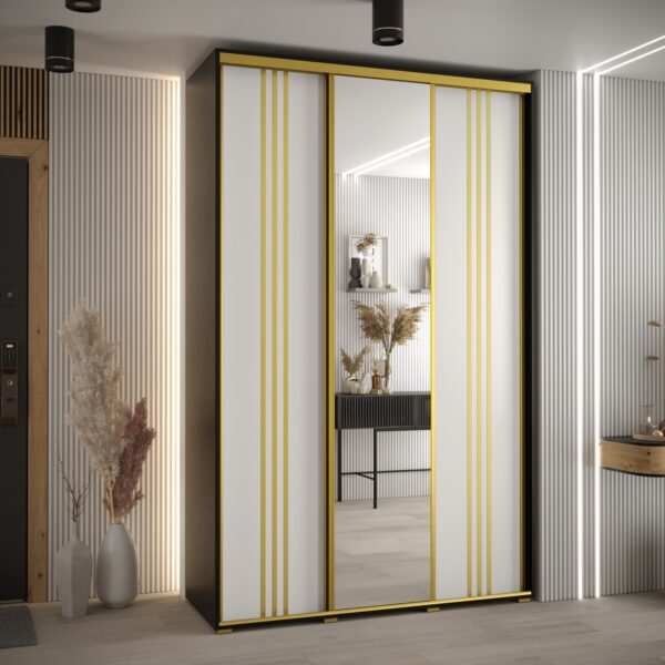 Szafa CANNES 7-160 szerokość 45cm korpus czarny, Front biały listwa złota i lustro