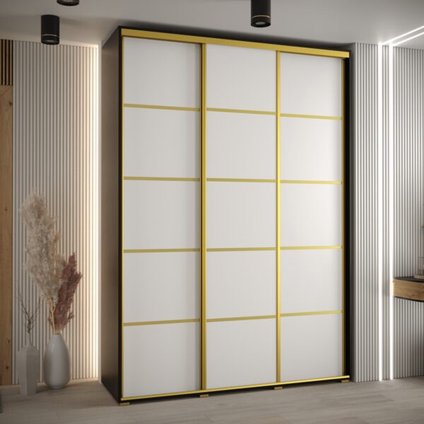 Szafa CANNES 4- 180 szerokość 45 cm. Korpus czarny , front biały listwa złota
