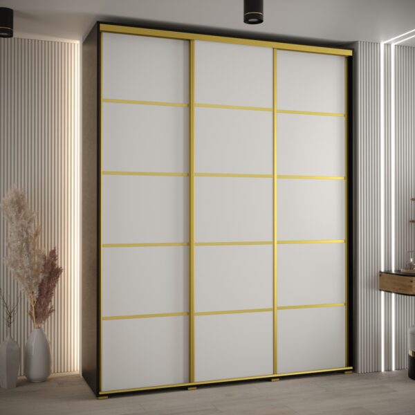 Szafa CANNES 4- 200 szerokość 45 cm. Korpus czarny , front biały listwa złota