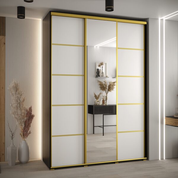 Szafa CANNES 5- 180 szerokość 45 cm. Korpus czarny , front biały listwa złota i lustro